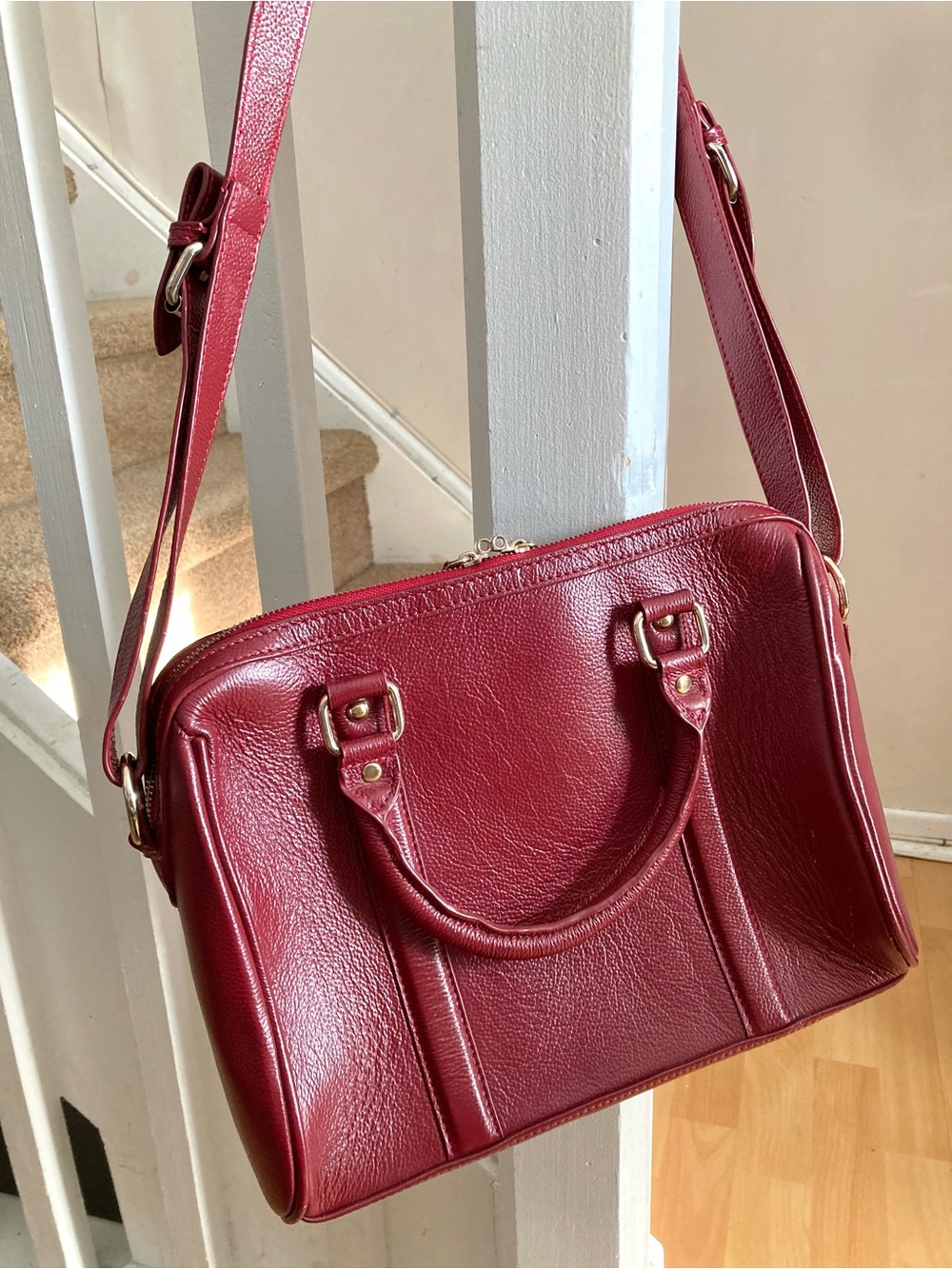Red Crimson Burgundy Leather Double Handle Crossbody Strap Satchel Bag Purse